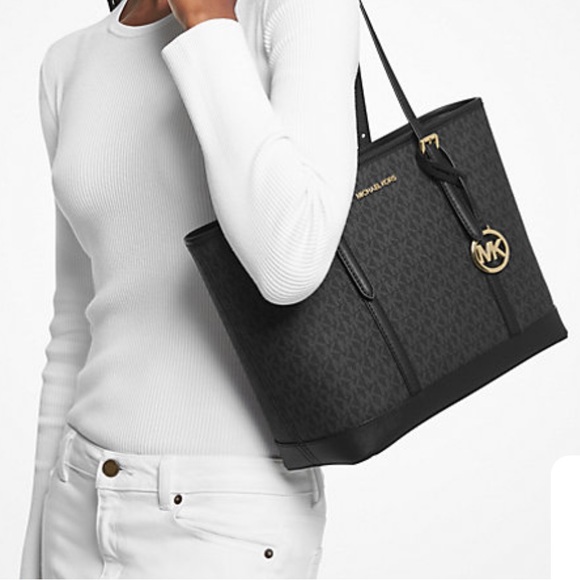 MICHAEL KORS 
Jet Set Travel  Logo Top-Zip Tote Bag BLACK SIGNATURE COLOR - Picture 1 of 14